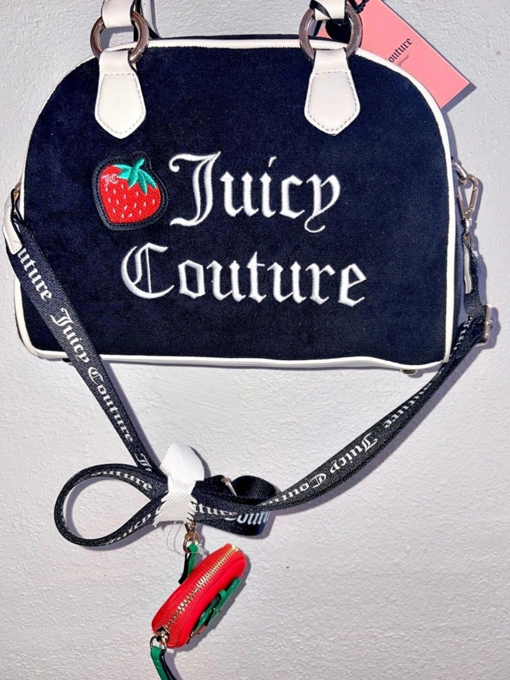 Juicy Couture Black Strawberry Velour Satchel Crossbody with Coin Pouch